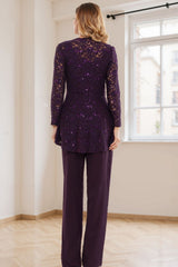 Dreamyannie Glitter Plum Sequin Scoop Neck 3 Piece Mother Of The Bride Pant Suits With Jacket