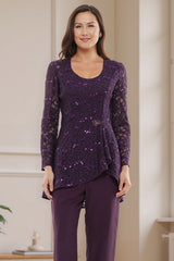 Dreamyannie Glitter Plum Sequin Scoop Neck 3 Piece Mother Of The Bride Pant Suits With Jacket