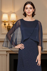 Dreamyannie Glitter Sheath Navy Boat Neck Floor Length Mother Of The Bride Dress With Cape