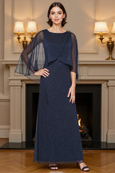 Dreamyannie Glitter Sheath Navy Boat Neck Floor Length Mother Of The Bride Dress With Cape