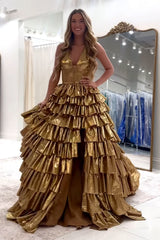Dreamyannie Gold Prom Dress A Line Halter Ruffled Long Formal Dress With Slit