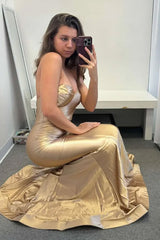 Dreamyannie Gold Prom Dress Satin Mermaid Ruched Evening Dress