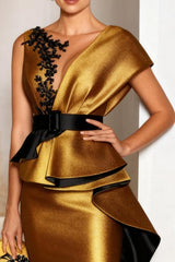 Dreamyannie Gold Satin Mermaid Floor Length Mother Of The Bride Dress With Lace