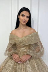 Dreamyannie Gold Wedding Guest Dress A Line Off The Shoulder Sequined Evening Dress With Sleeves