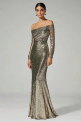 Dreamyannie Golden Sheath Off The Shoulder Sequin Long Formal Dress