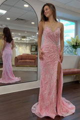 Dreamyannie Gorgeous Mermaid Sweetheart Pink Long Prom Dress With Split Front Appliques Formal Evening Gown