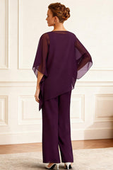 Dreamyannie Grape Chiffon V Neck 3 Piece Mother Of The Bride Pant Suits With Jacket