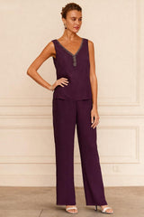 Dreamyannie Grape Chiffon V Neck 3 Piece Mother Of The Bride Pant Suits With Jacket
