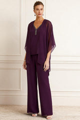 Dreamyannie Grape Chiffon V Neck 3 Piece Mother Of The Bride Pant Suits With Jacket