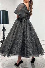 Dreamyannie Gray Wedding Guest Dress A Line Off The Shoulder Sequined Evening Dress With Short Sleeves