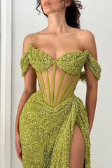 Dreamyannie Green Off Shoulder Corset Sequin Prom Dress With High Slit Formal Evening Gown