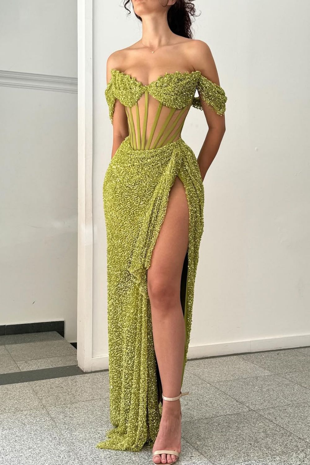 Dreamyannie Green Off Shoulder Corset Sequin Prom Dress With High Slit Formal Evening Gown
