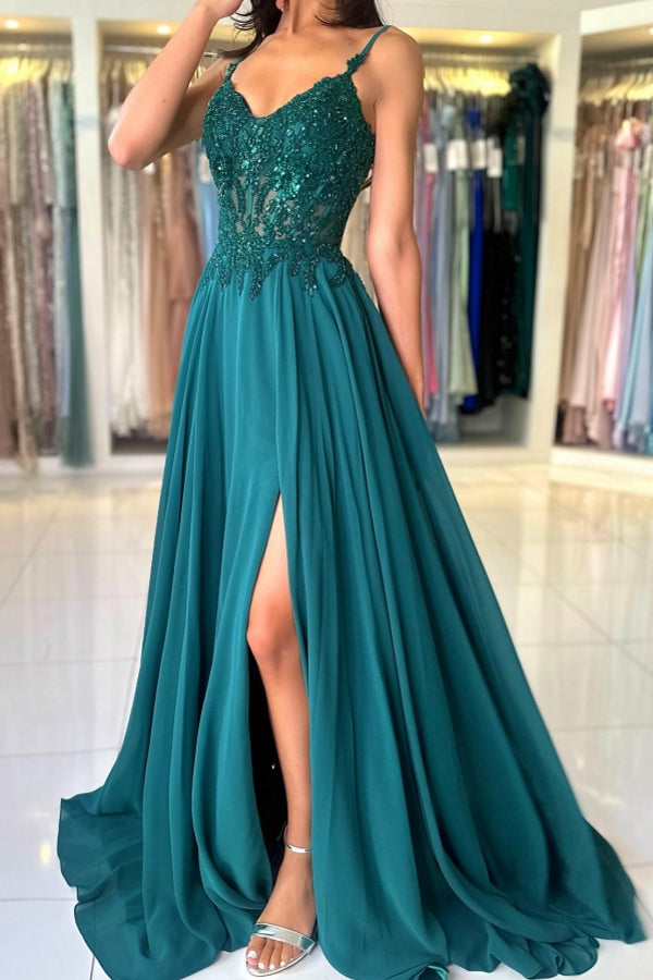 Dreamyannie Green Prom Dress A Line Spaghetti Straps Lace Evening Dress With Slit