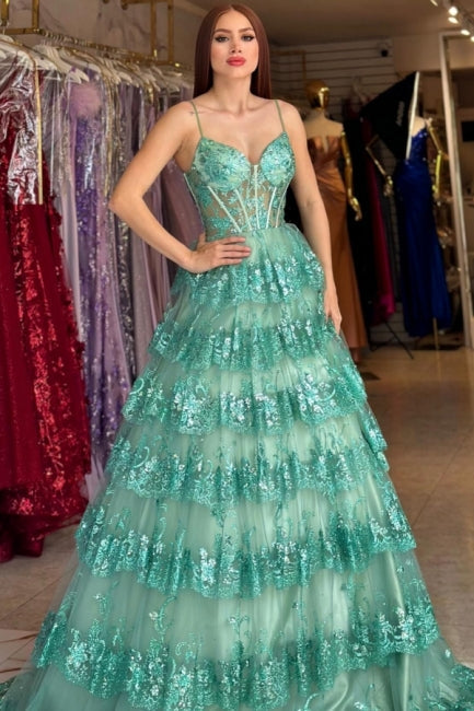 Dreamyannie Green Prom Dress A Line Spaghetti Straps Sequined Lace Evening Dress