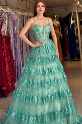 Dreamyannie Green Prom Dress A Line Spaghetti Straps Sequined Lace Evening Dress