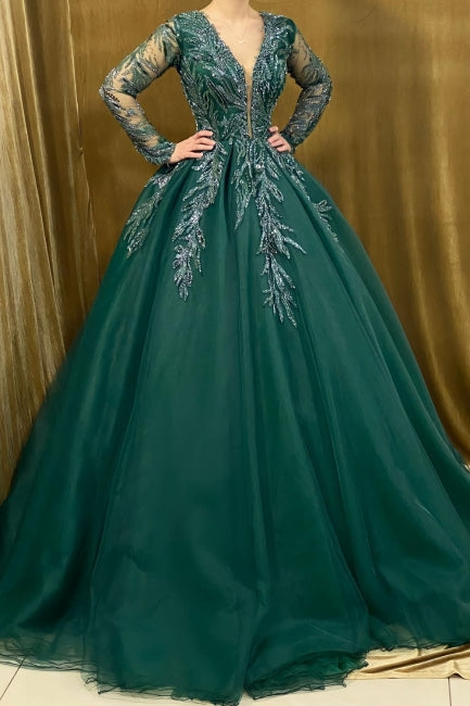 Dreamyannie Green Prom Dress A Line V Neck Sleeves Sequined Ball Gown Tulle Formal Dress With Appliques