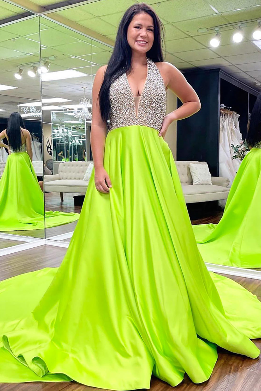Dreamyannie Green Prom Dress Halter Neck A Line Evening Dress With Pockets