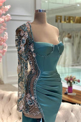 Dreamyannie Green Prom Dress Mermaid Strapless One Shoulder Beaded Satin Slit Formal Dress
