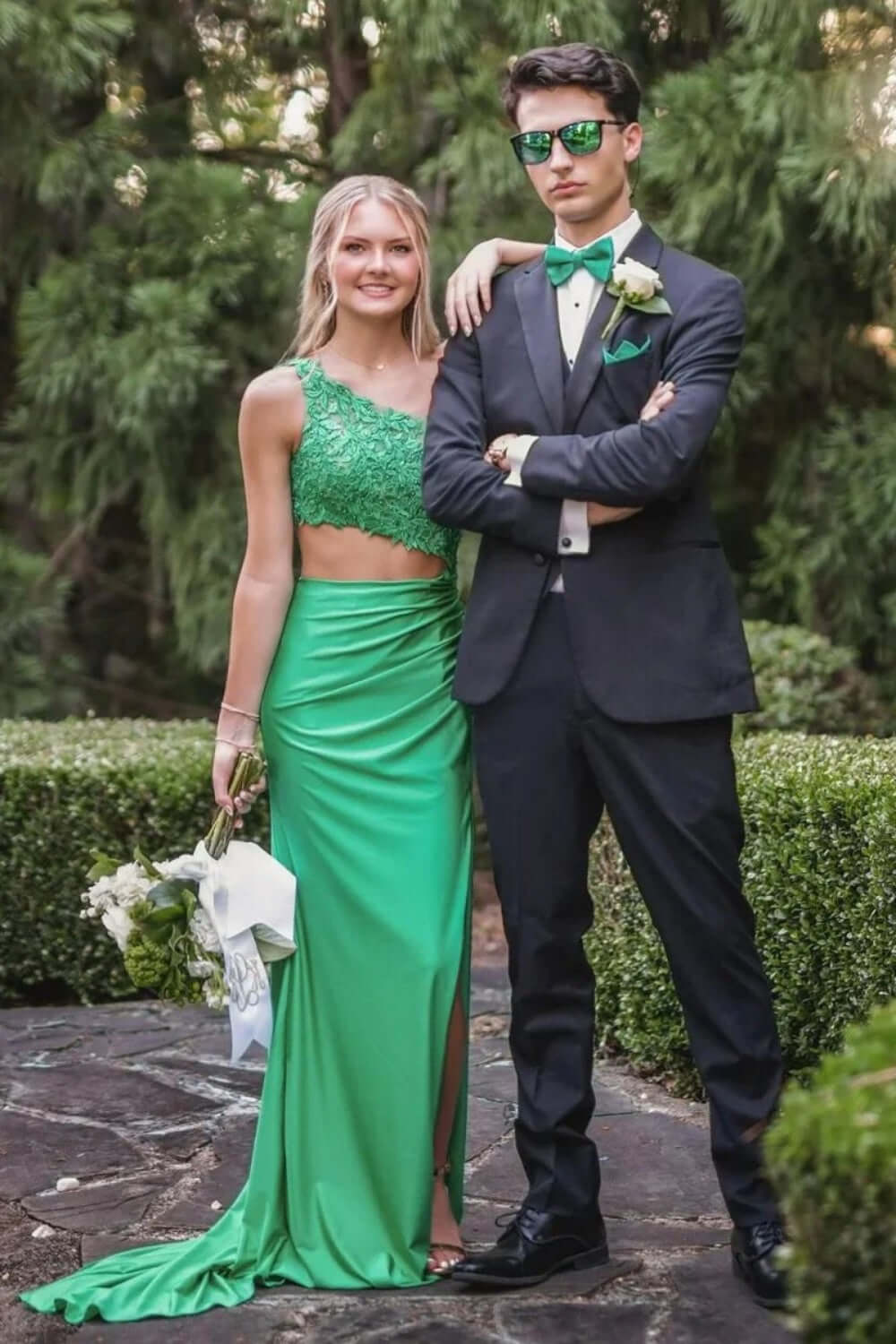 Dreamyannie Green Prom Dress One Shoulder Lace Formal Dress With Slit