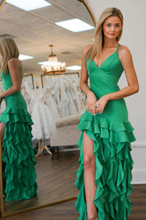 Dreamyannie Green Prom Dress Ruffled Backless Long Formal Dress With Slit