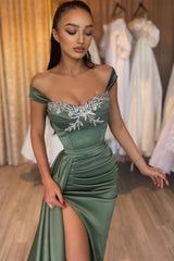 Dreamyannie Green Prom Dress Sleeveless Lace Satin Evening Dress With Slit