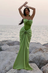 Dreamyannie Green Ruched Bodice Mermaid Draped Maxi Prom Dress With Rosette Detail Formal Evening Gown