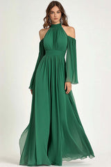 Dreamyannie Green Wedding Guest Dress A Line Cold Shoulder Halter Long Formal Dress