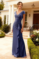 Dreamyannie Grey Blue Chiffon Floor Length Mother Of The Bride Dress With Beading
