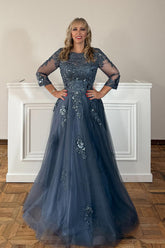 Dreamyannie Grey Blue Floral Beaded Long Mother Of The Bride Dress With Lace