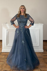 Dreamyannie Grey Blue Floral Beaded Long Mother Of The Bride Dress With Lace