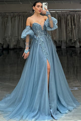 Dreamyannie Grey Blue Prom Dress A-Line Appliques Evening Dress With Slit
