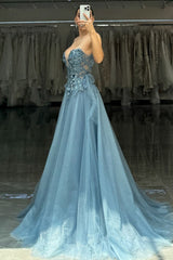 Dreamyannie Grey Blue Prom Dress A-Line Appliques Evening Dress With Slit
