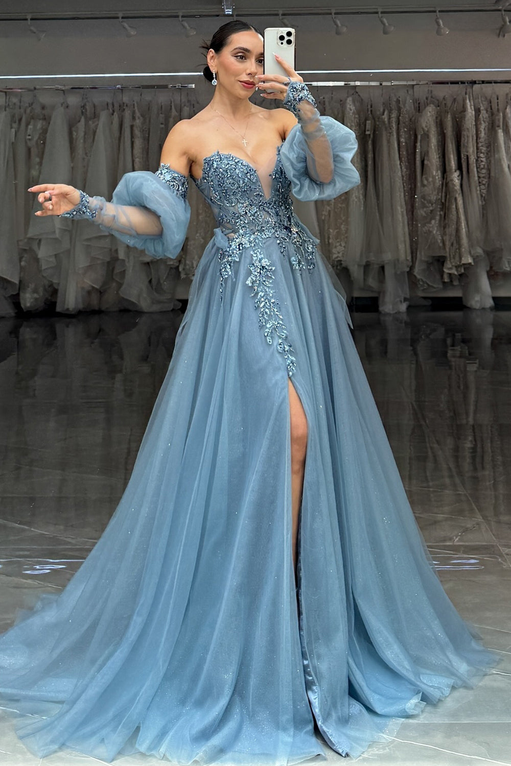 Dreamyannie Grey Blue Prom Dress A-Line Appliques Evening Dress With Slit