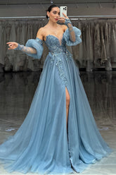 Dreamyannie Grey Blue Prom Dress A-Line Appliques Evening Dress With Slit
