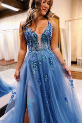 Dreamyannie Grey Blue Prom Dress Floral Spaghetti Straps Evening Dress With Slit