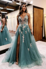 Dreamyannie Grey Blue Prom Dress Floral Spaghetti Straps Evening Dress With Slit