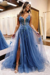 Dreamyannie Grey Blue Prom Dress Floral Spaghetti Straps Evening Dress With Slit