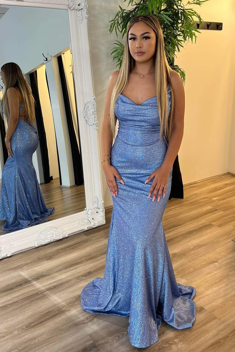 Dreamyannie Grey Blue Prom Dress Mermaid Long Evening Dress