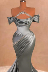 Dreamyannie Grey Blue Prom Dress Mermaid Strapless Halter Off The Shoulder Beaded Satin Formal Dress