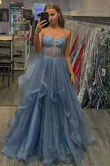 Dreamyannie Grey Blue Prom Dress Ruffled A-Line Spaghetti Straps Long Evening Dress
