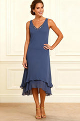 Dreamyannie Grey Blue V Neck Beaded 2 Piece Tea Length Mother Of The Bride Dress With Jacket