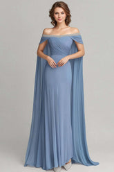 Dreamyannie Grey Blue Wedding Guest Dress Chiffon Off The Shoulder Formal Dress With Cape