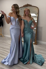 Dreamyannie Grey Green Prom Dress Off The Shoulder Corset Long Evening Dress With Slit
