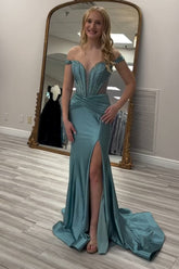 Dreamyannie Grey Green Prom Dress Off The Shoulder Corset Long Evening Dress With Slit