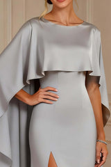 Dreamyannie Grey Mermaid Boat Neck Satin Long Mother Of The Bride Dress With Cape