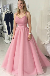 Dreamyannie Grey Pink Prom Dress Ball Gown Spaghetti Straps Formal Dress