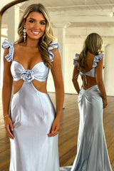 Dreamyannie Grey Prom Dress Sheath Hollow Out Satin Long Formal Dress With Flower