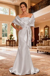Dreamyannie Grey Satin Mermaid 2 Piece Long Mother Of The Bride Dress With Belt