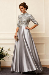 Dreamyannie Grey Sequins A Line Floor Length Mother Of The Bride Dress With Sleeves