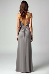Dreamyannie Grey Spaghetti Straps Sheath Long Formal Dress With Slit